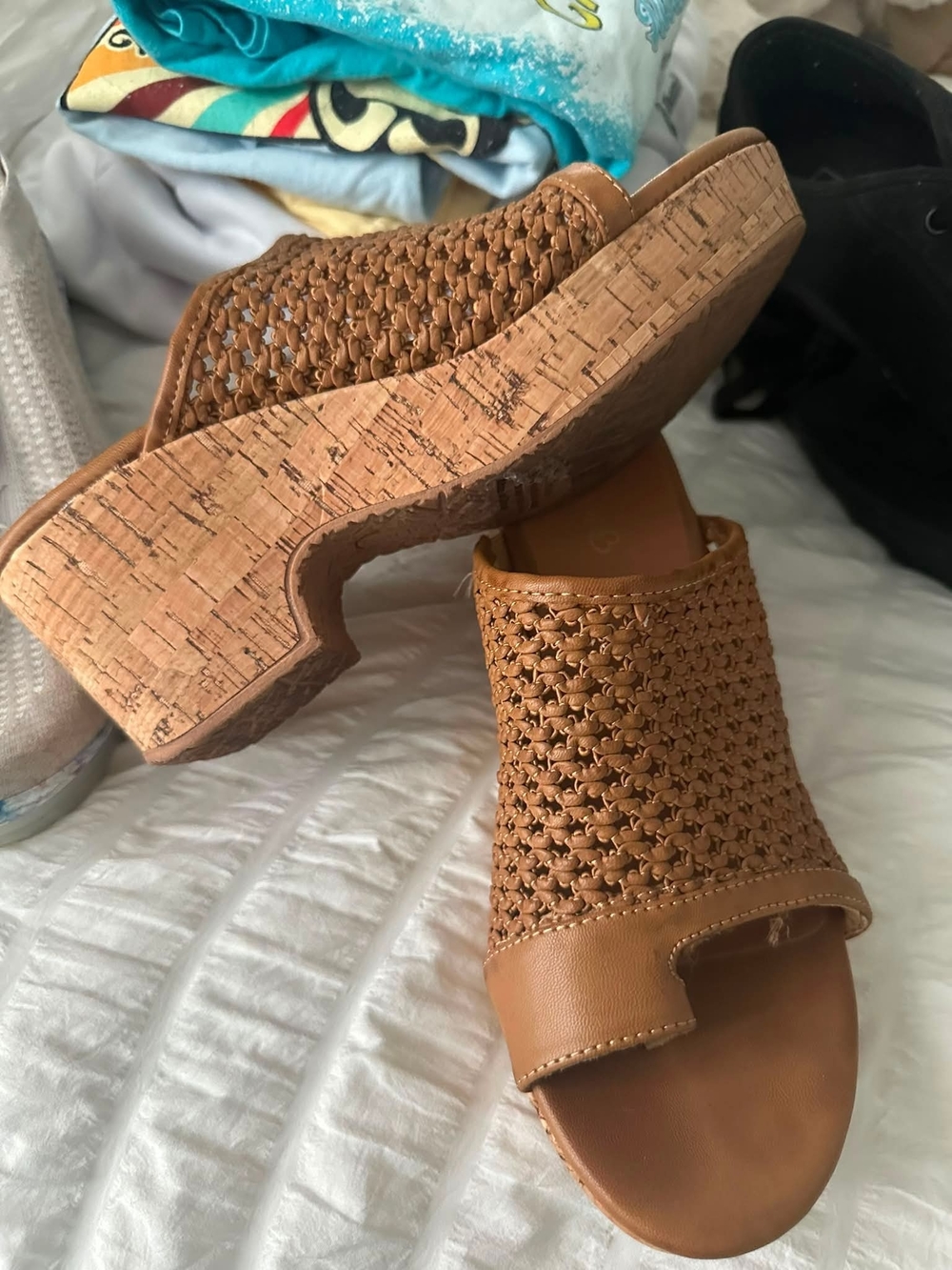 Woven Cork Wedge Slide Sandals - Tan
